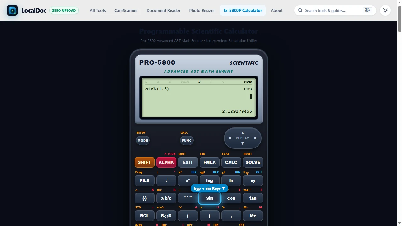 Access hyperbolic trigonometry functions with hyp key on Casio scientific calculator