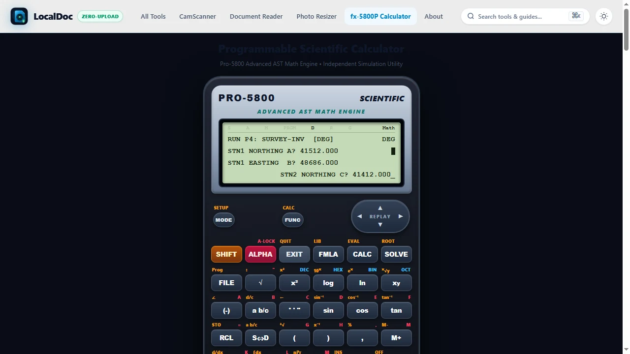 Execute surveying inverse program with interactive LCD coordinate prompts