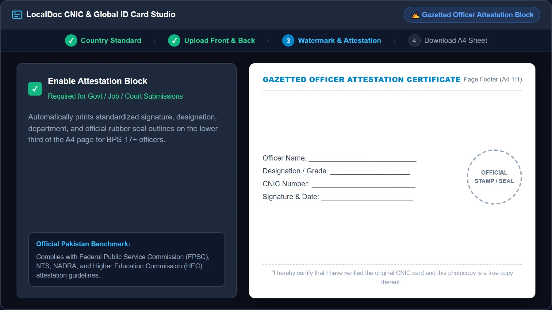 Official Gazetted Officer Attestation Box on A4 CNIC Photocopy