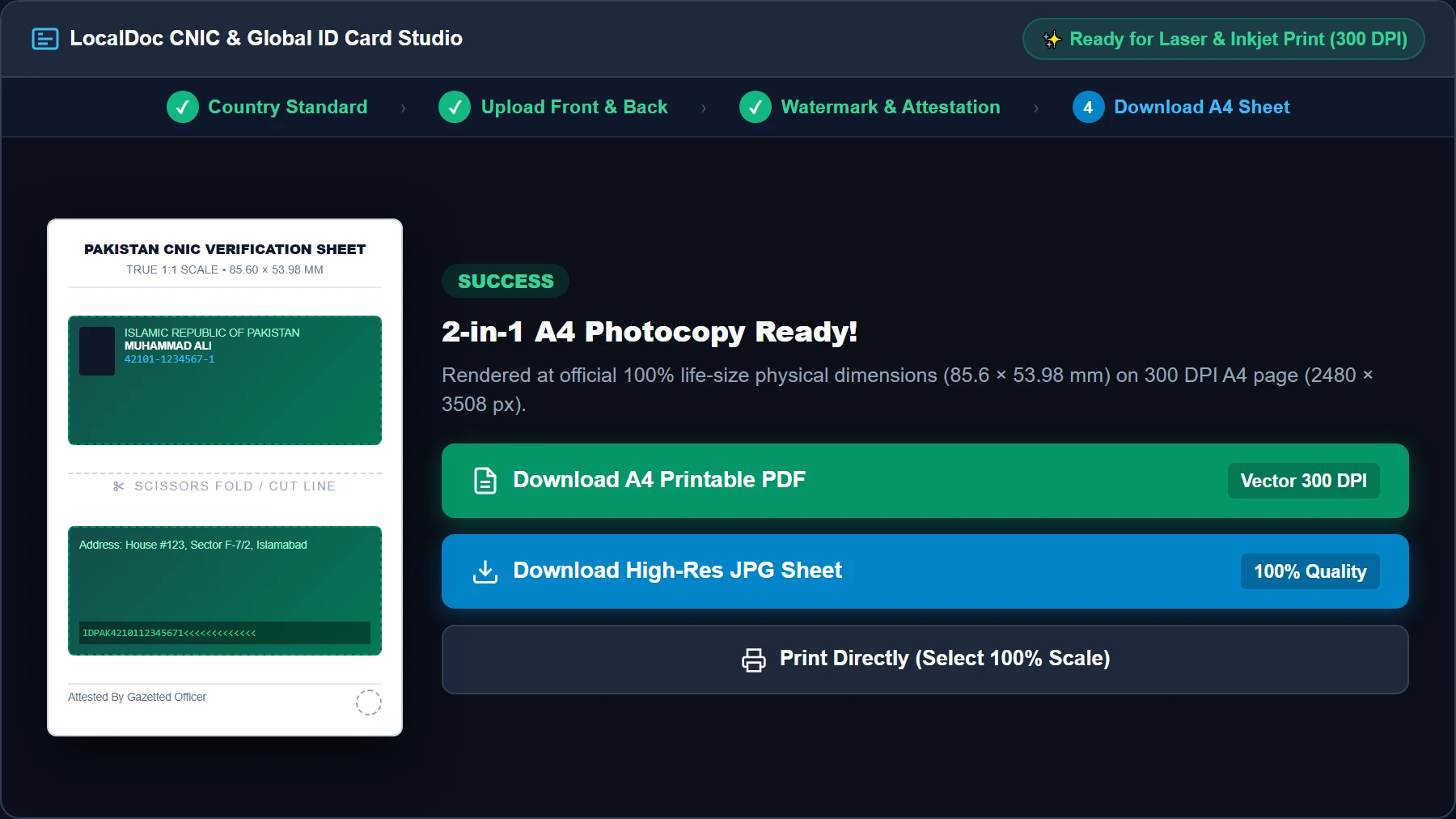 Exporting 300 DPI 2-in-1 A4 CNIC Photocopy PDF in LocalDoc