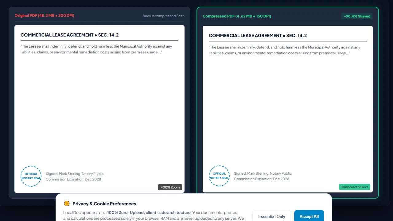Side-by-side 400% zoom comparison between original and compressed PDF