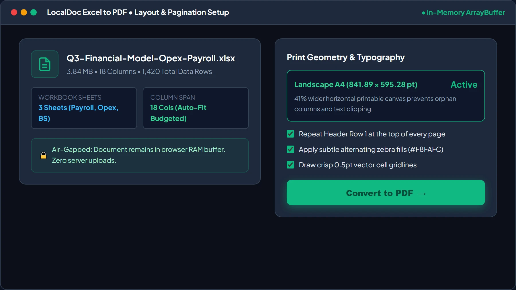 Configure landscape page setup and repeating header rows