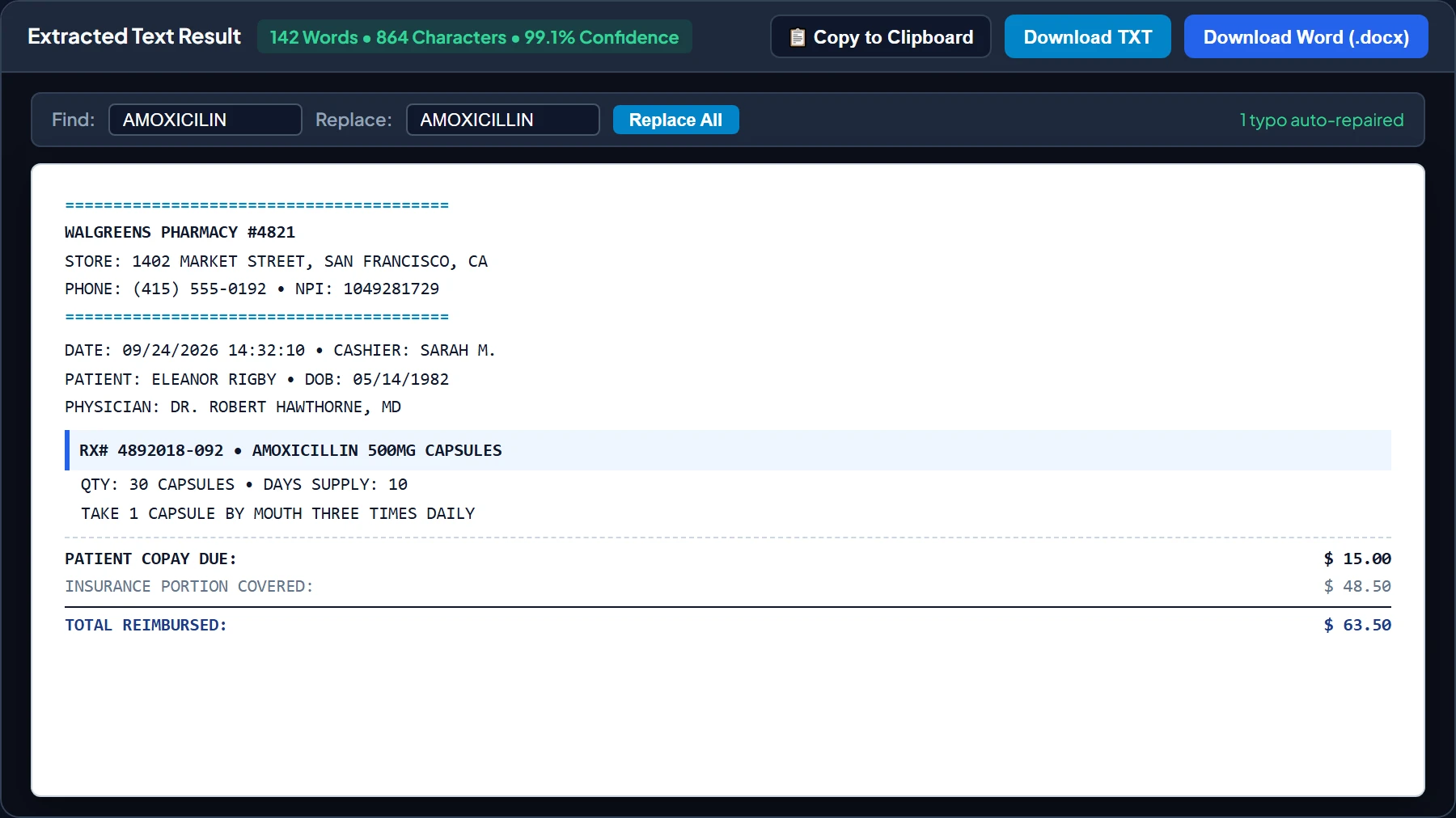 Transcribed OCR Text Result Card with Find and Replace Bar
