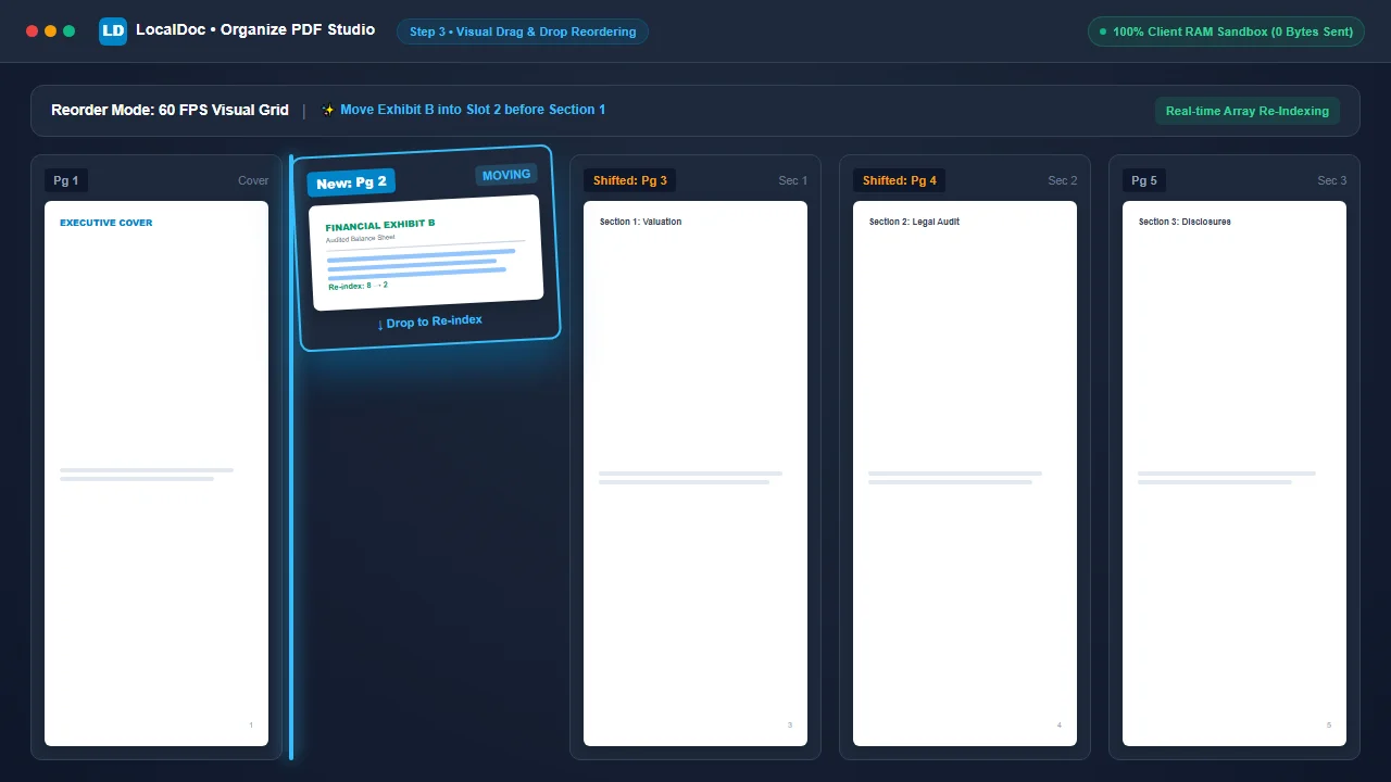 Interactive visual drag and drop page reordering with real-time sequence re-indexing
