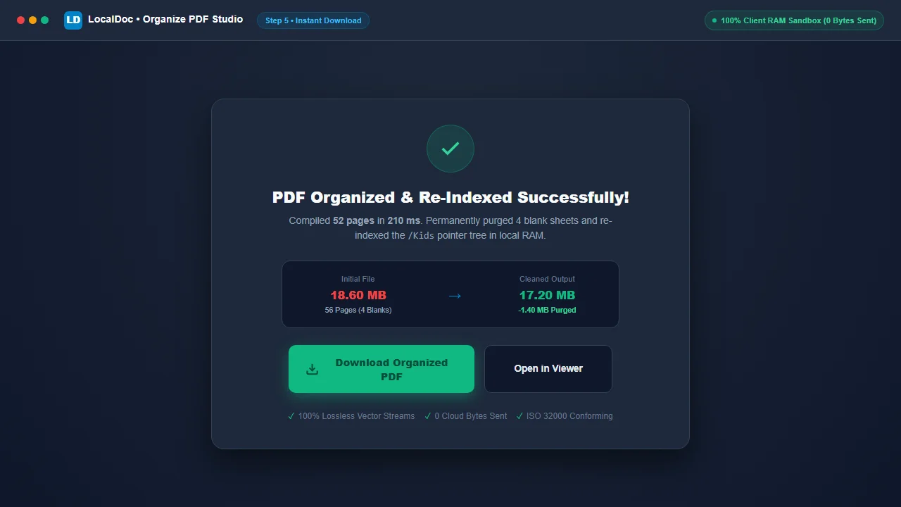 Download organized and re-indexed PDF result card with 0 network bytes sent