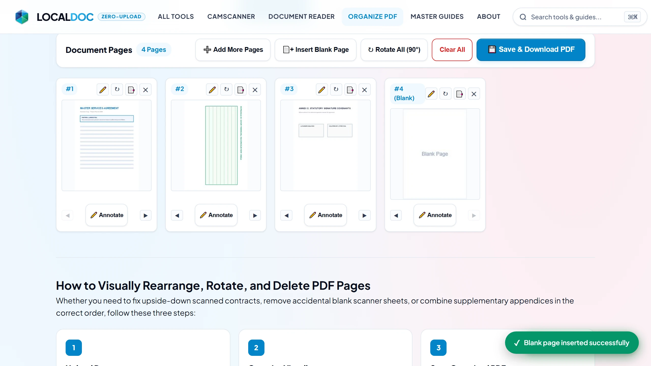 Insert clean vector blank page into PDF document grid