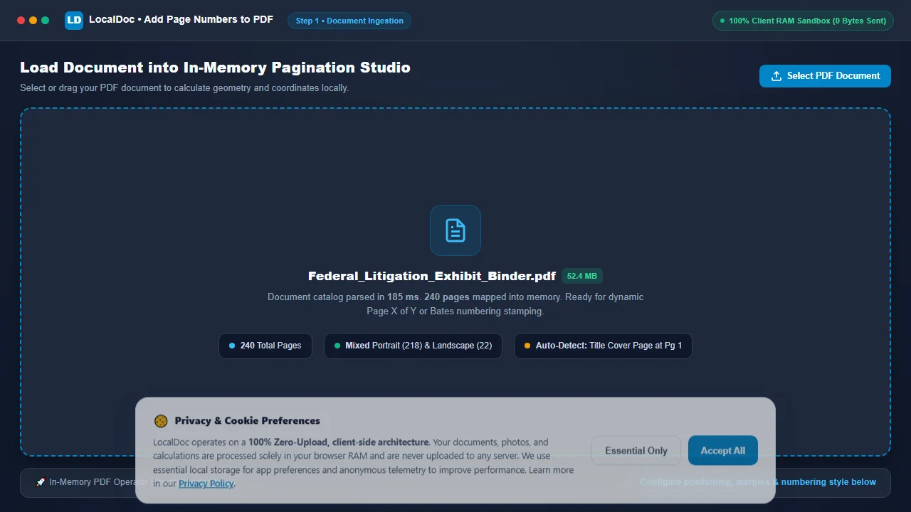Load multi-page PDF document into LocalDoc page numbers studio