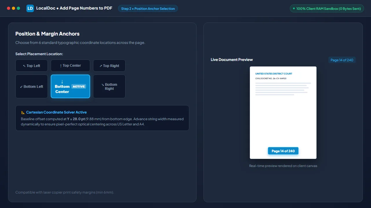 Select position anchor from 6 margin locations with live A4 preview