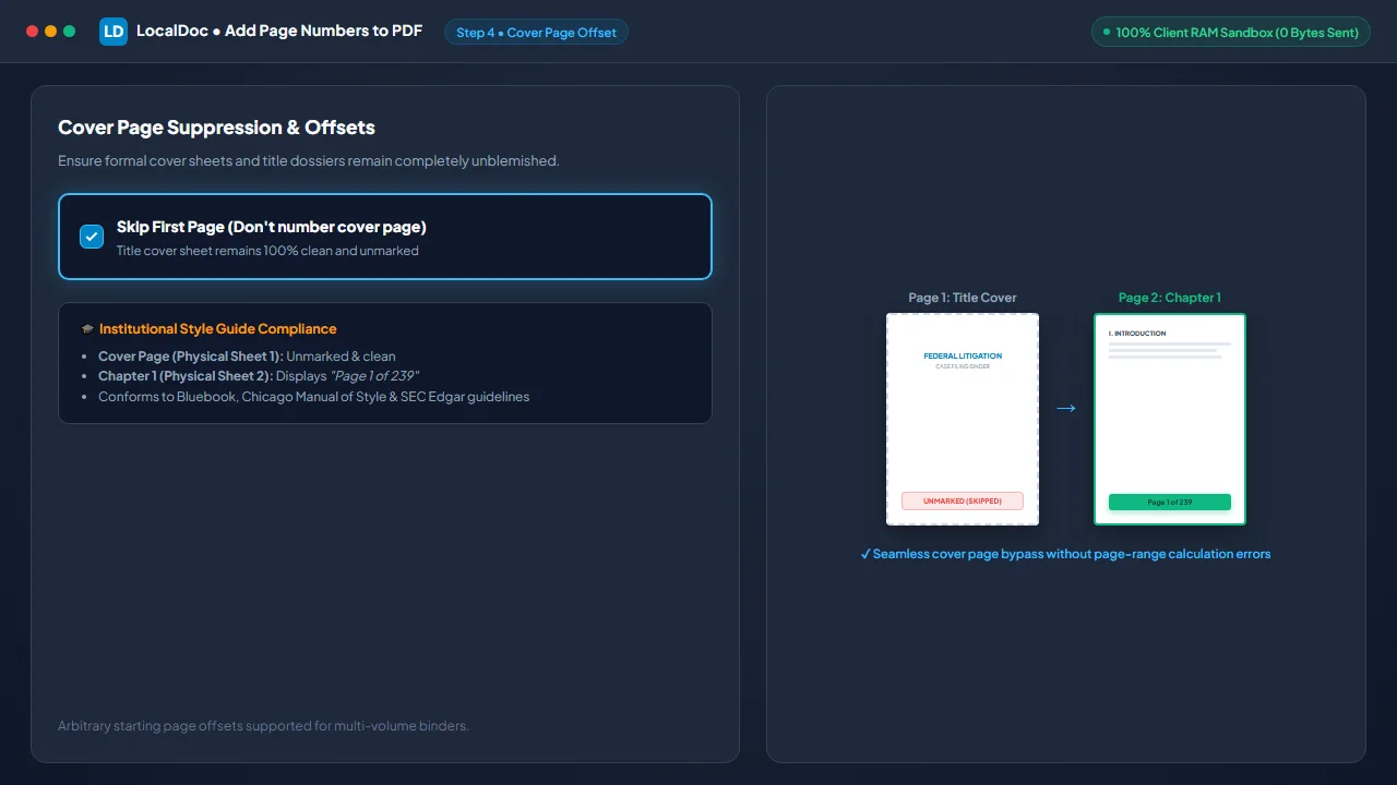 Enable cover page suppression and starting page offset