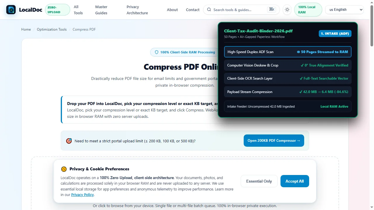 Batch scan office documents at 300 DPI into browser RAM