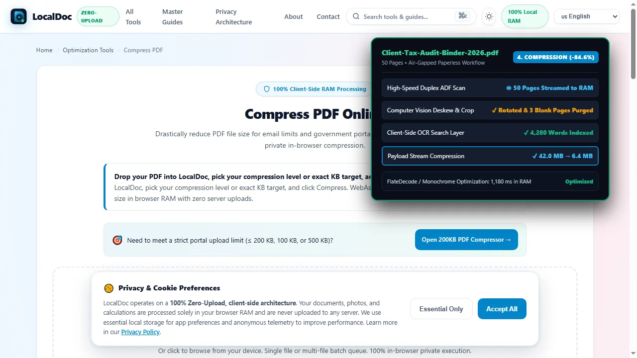 Batch compress scanned office binders by 84.6% in local memory