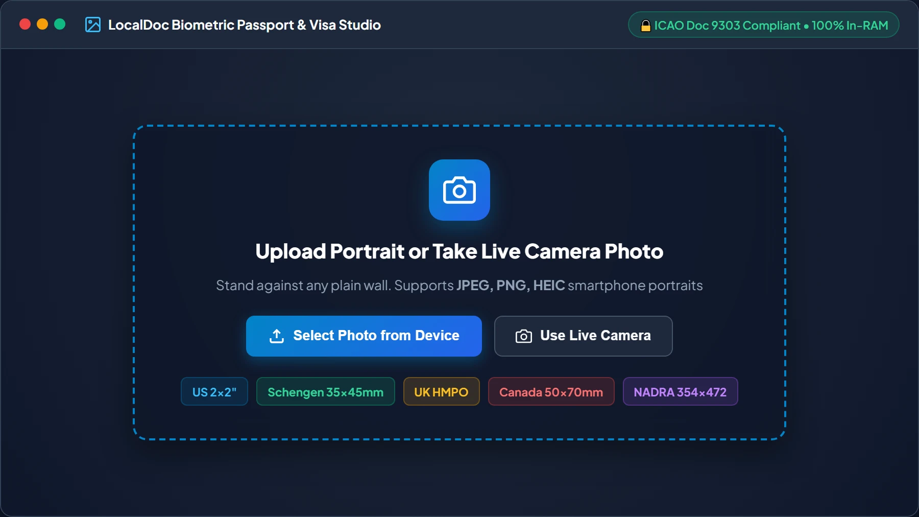 Passport Photo Maker Upload Stage and Live Webcam Capture