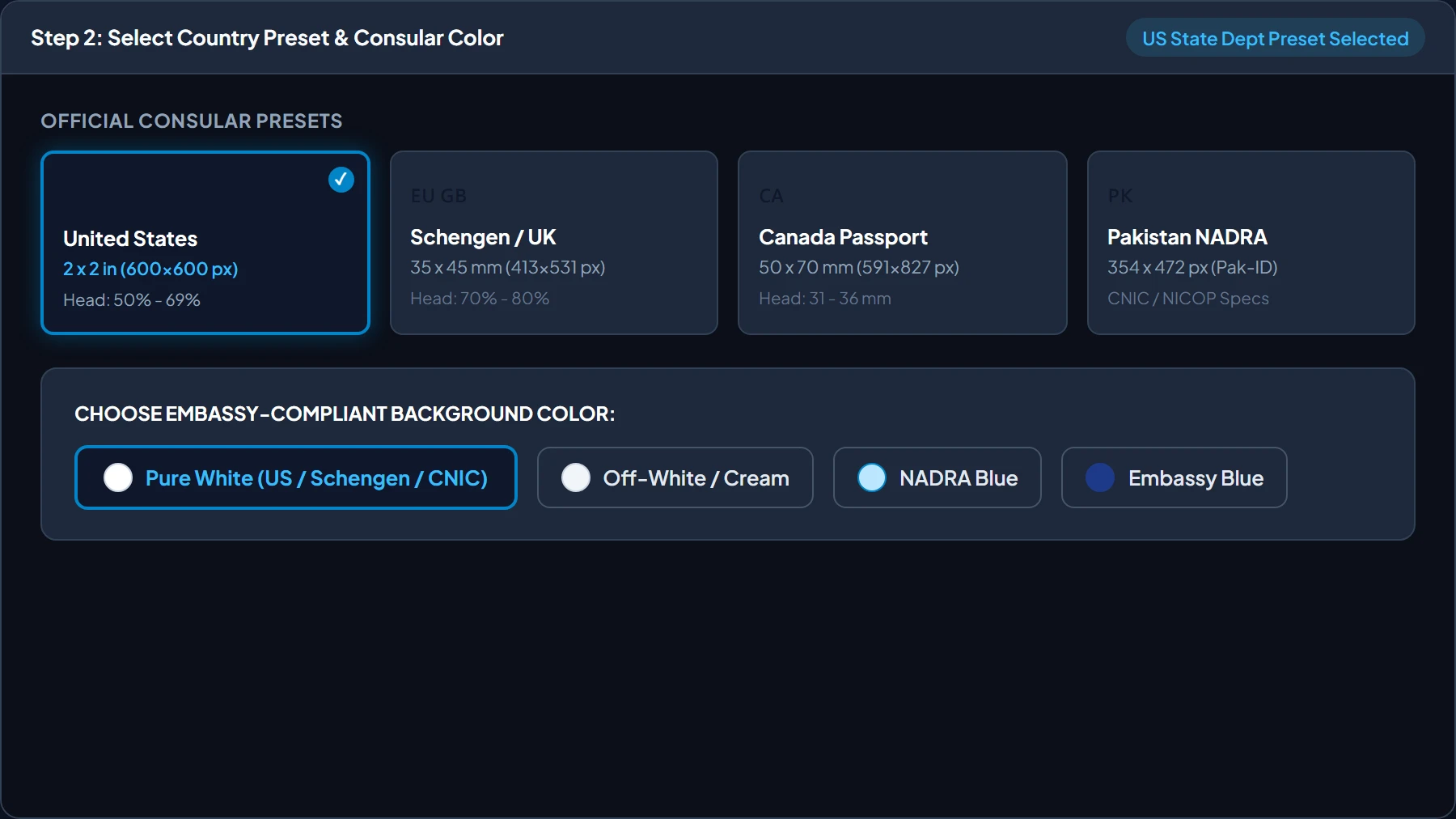 Consular Country Preset Grid and Embassy Background Color Palette