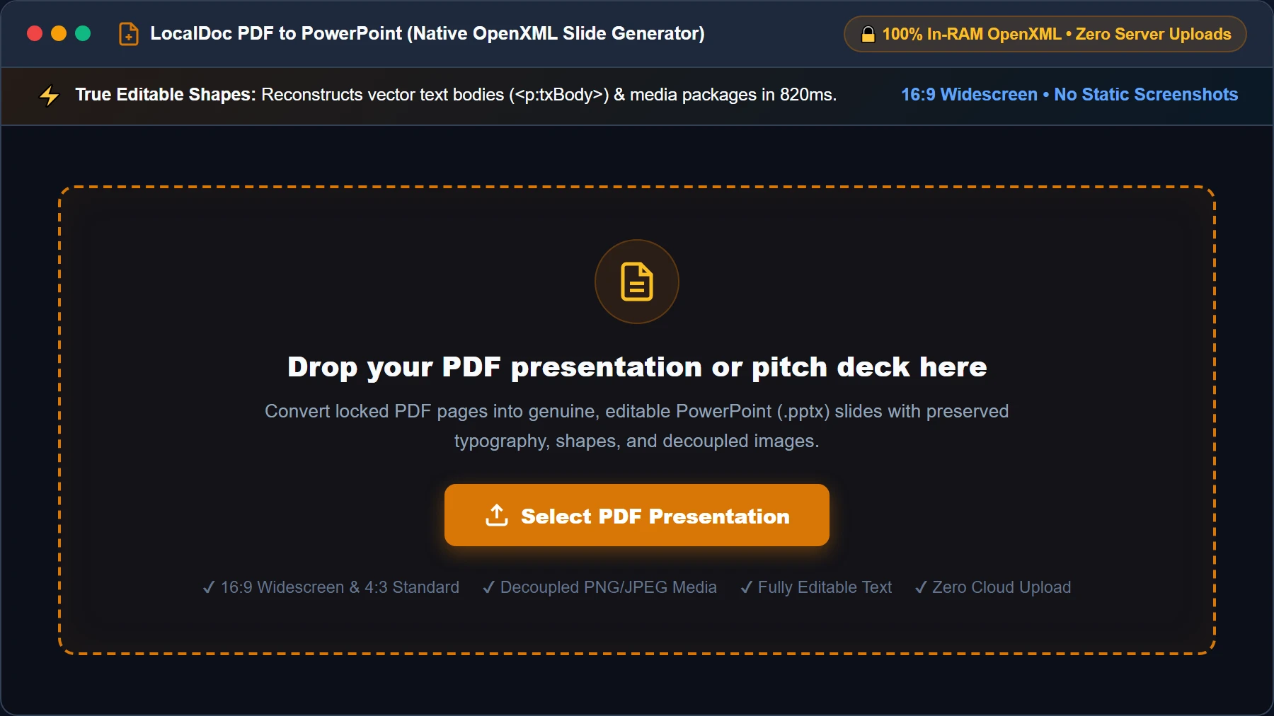Select or drop PDF presentation into LocalDoc converter