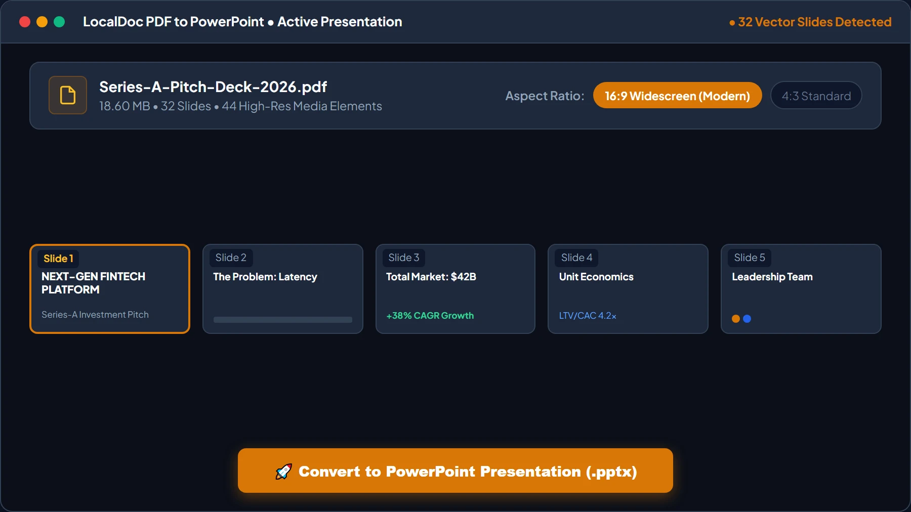 Choose 16:9 widescreen aspect ratio and review slide thumbnails