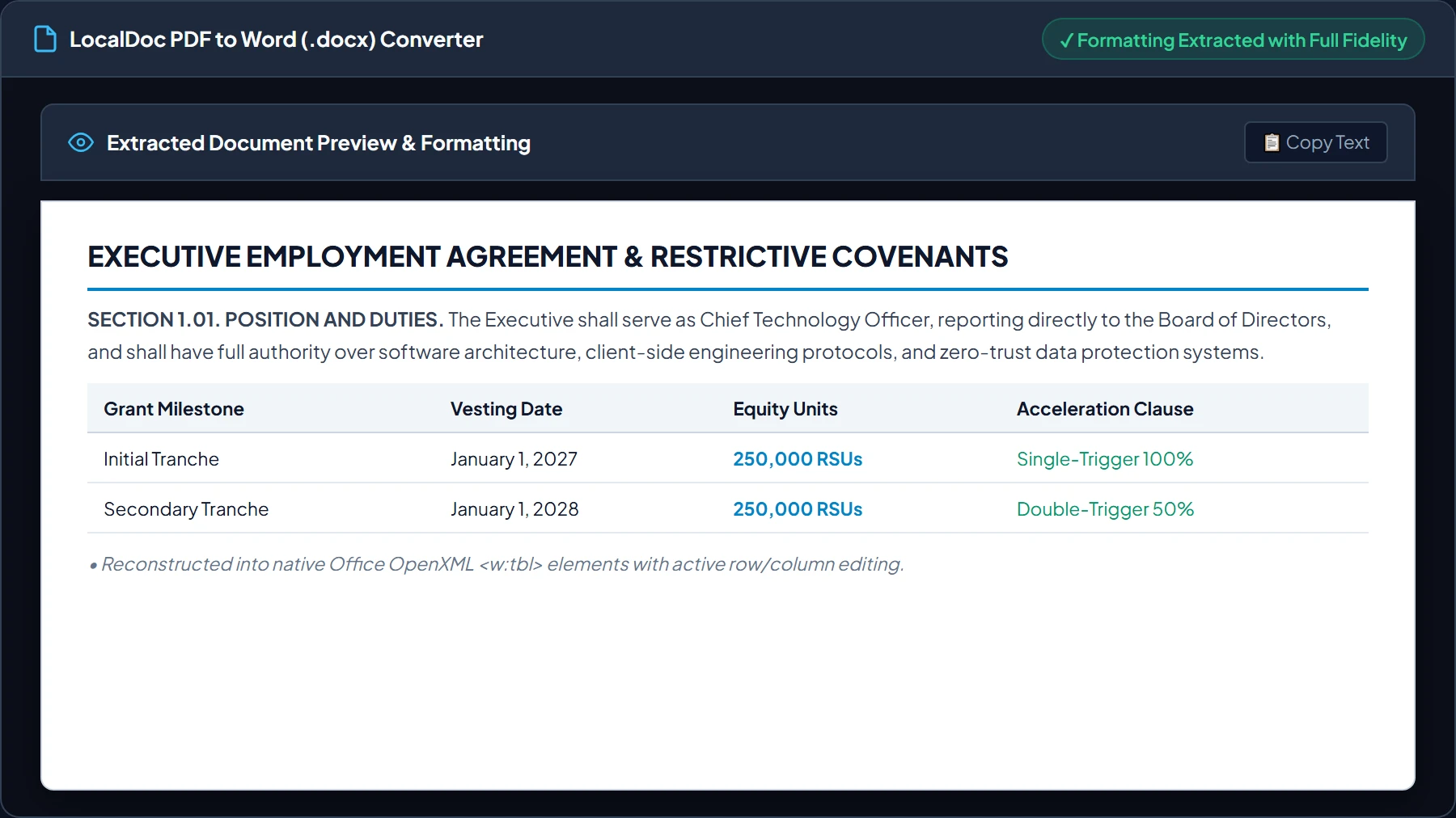 Live formatted document preview showing reconstructed tables and headings