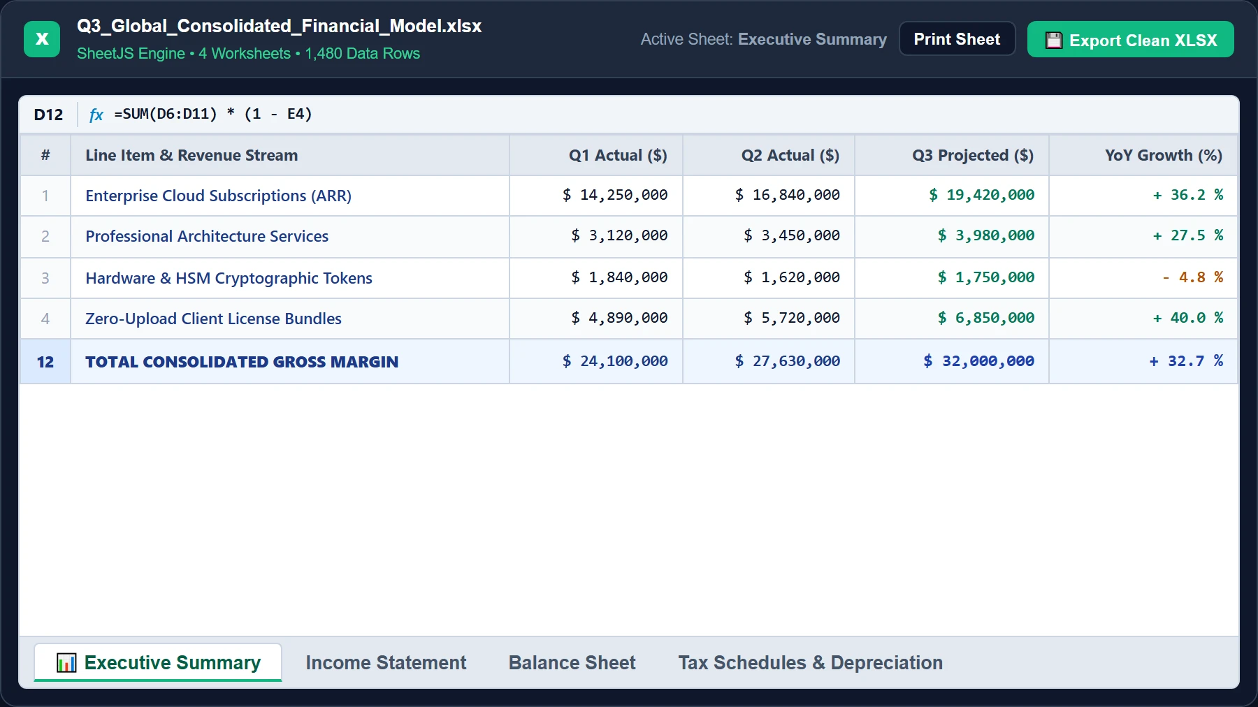 Interactive Multi-Tab Excel Workbook and Financial Ledger Grid