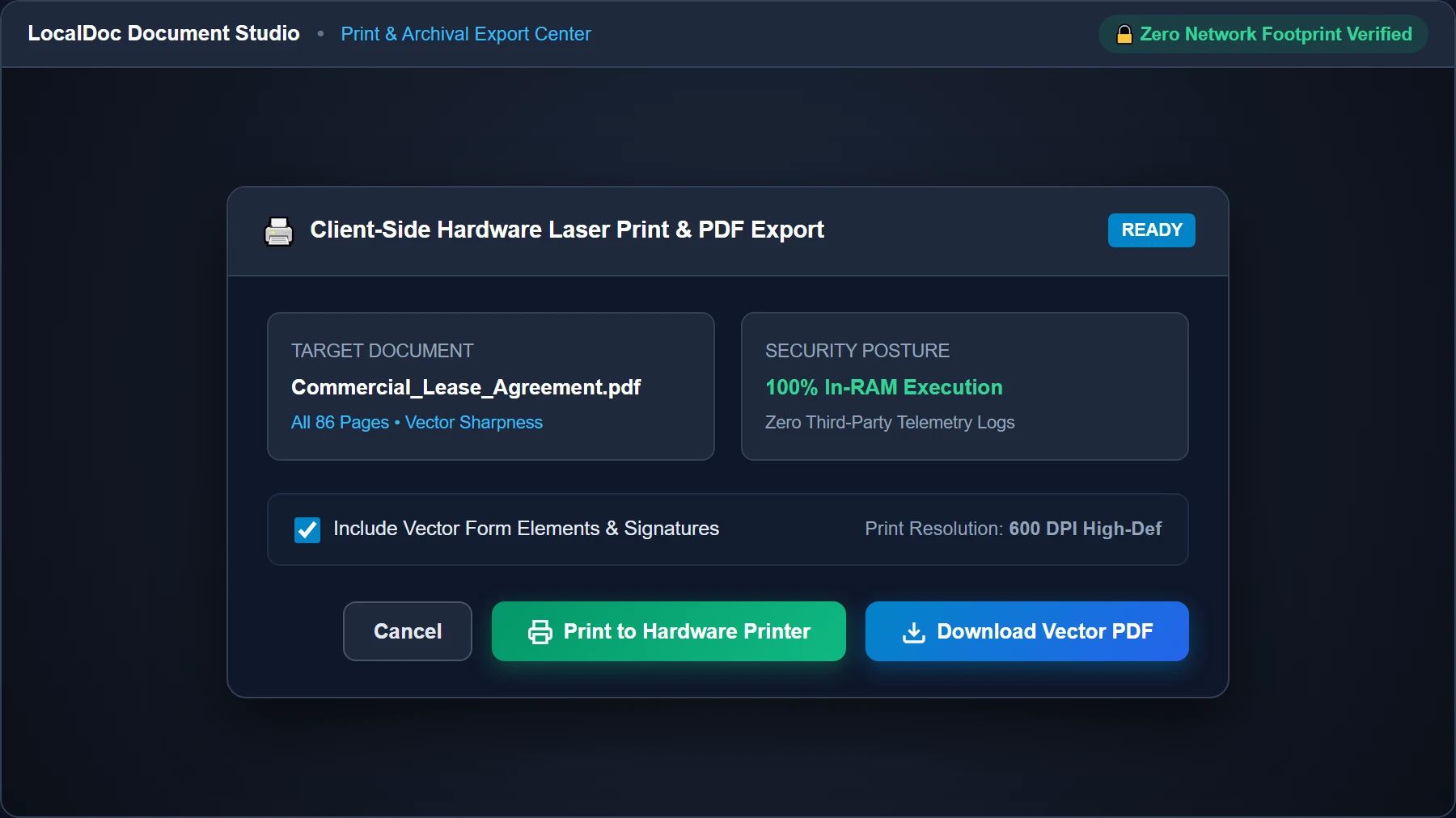 Client-Side Hardware Laser Print and PDF Archival Export Center