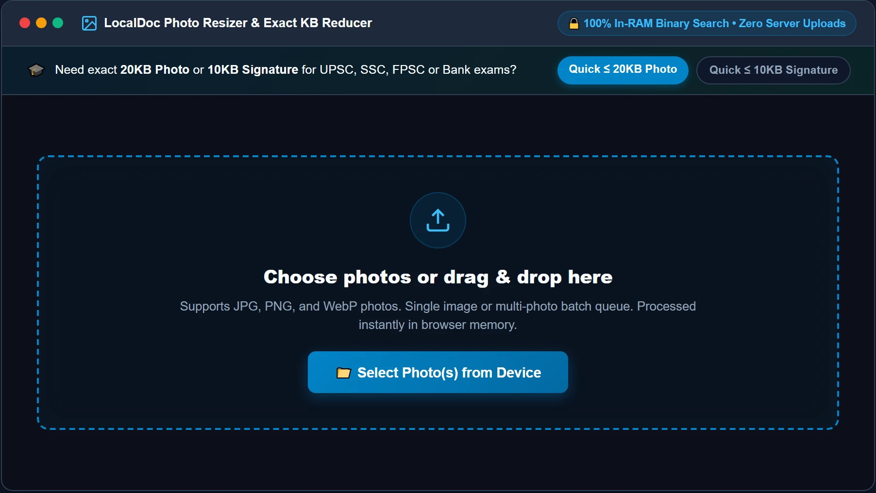 Upload source photograph into LocalDoc Photo Resizer dropzone