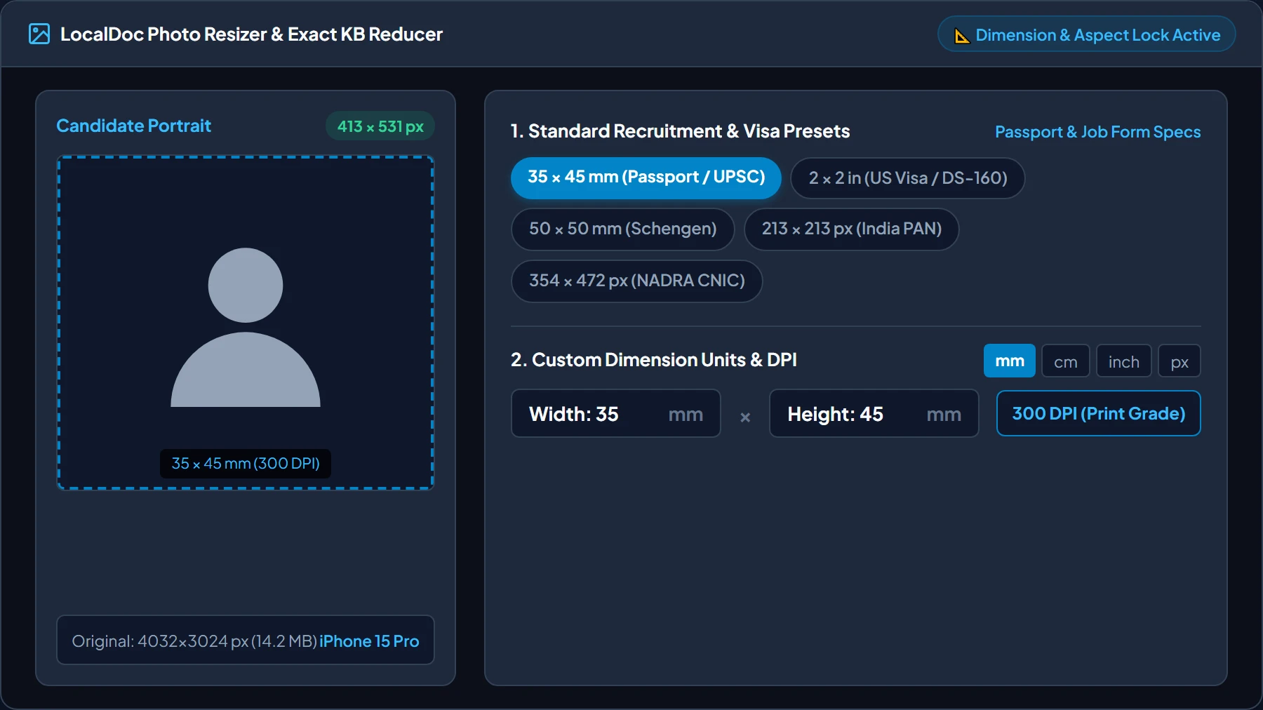 Selecting 35x45mm passport dimension preset at 300 DPI