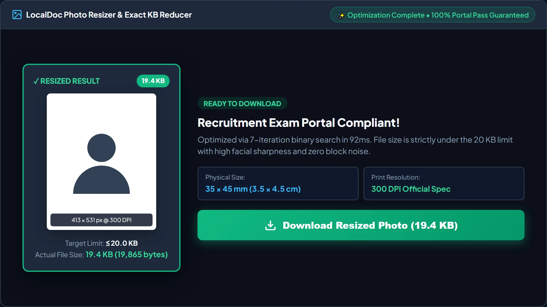 Download optimized 19.4 KB portrait photo ready for submission