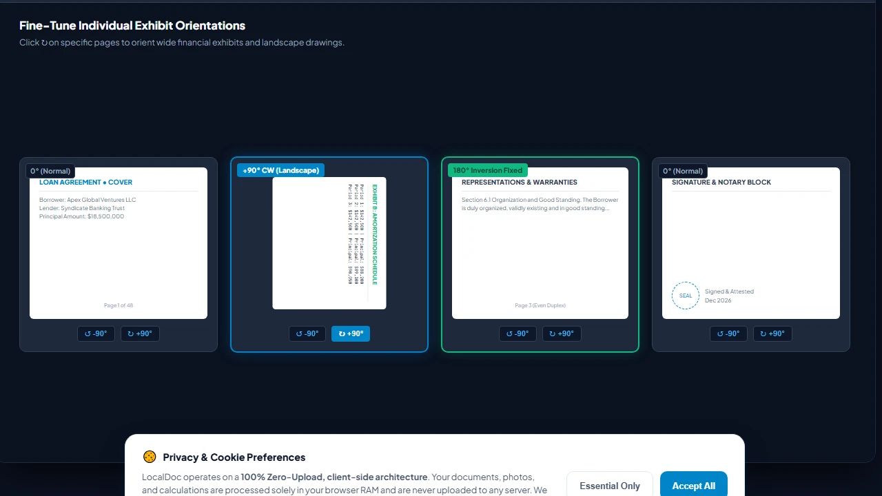 Interactive thumbnail page grid showing individual page rotate controls