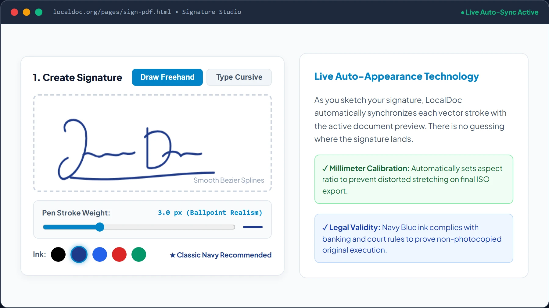 Signature Creation Studio with Draw and Type Tabs, Ink Palette, and Thickness Slider