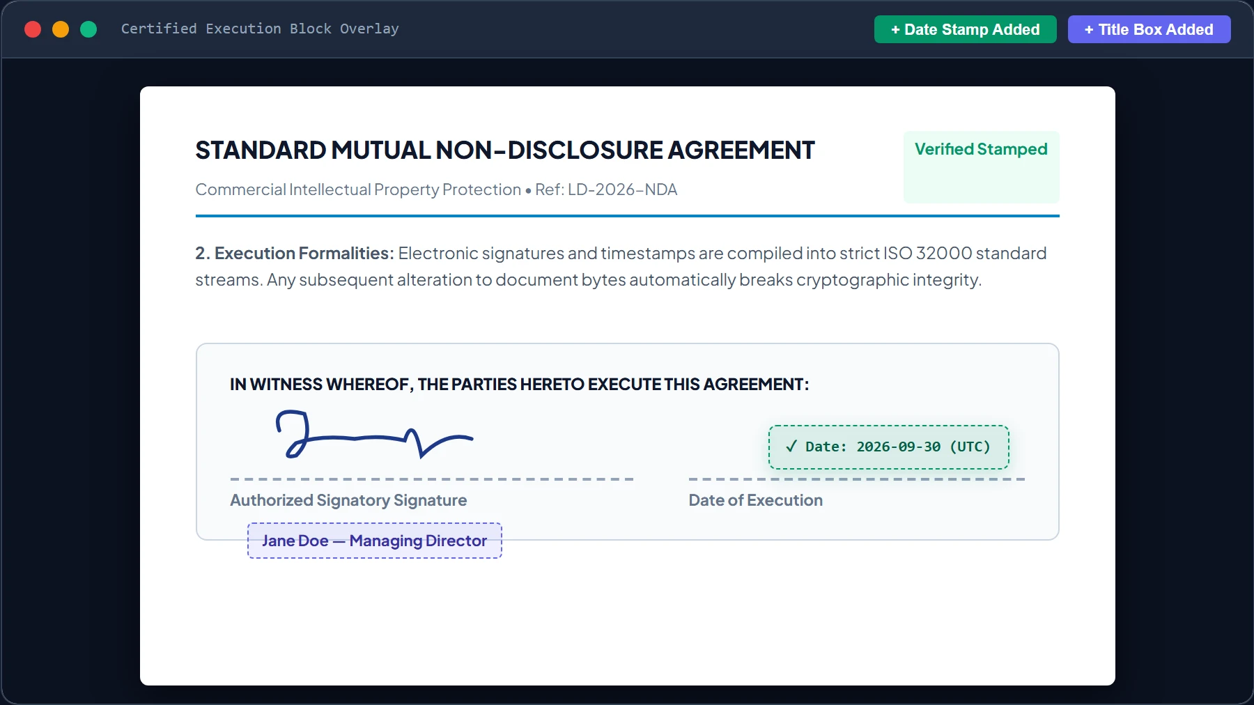 Contract Signature Block with Draggable Certified Date Stamp and Signatory Title