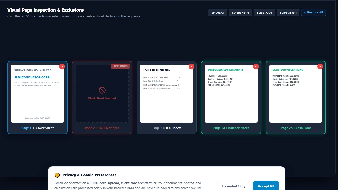 Interactive thumbnail grid showing visual page exclusion and delete controls