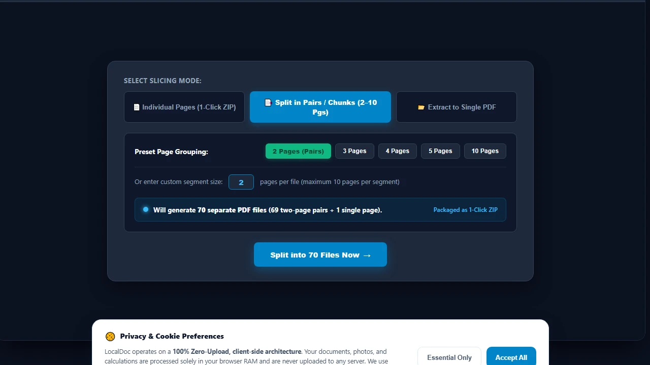 Choose splitting strategy between individual pages, pairs, and chunks