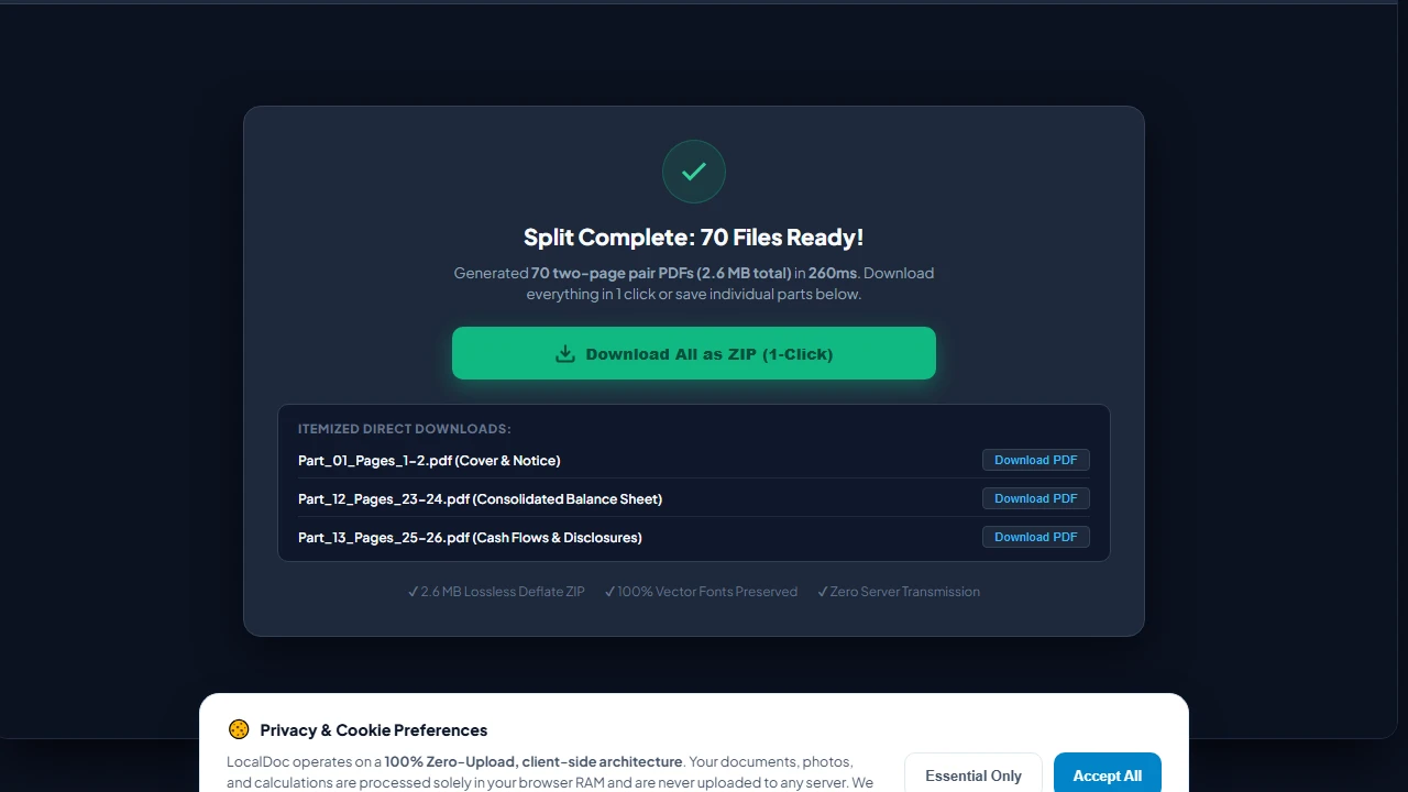 Download 1-click ZIP archive and itemized split PDF outputs