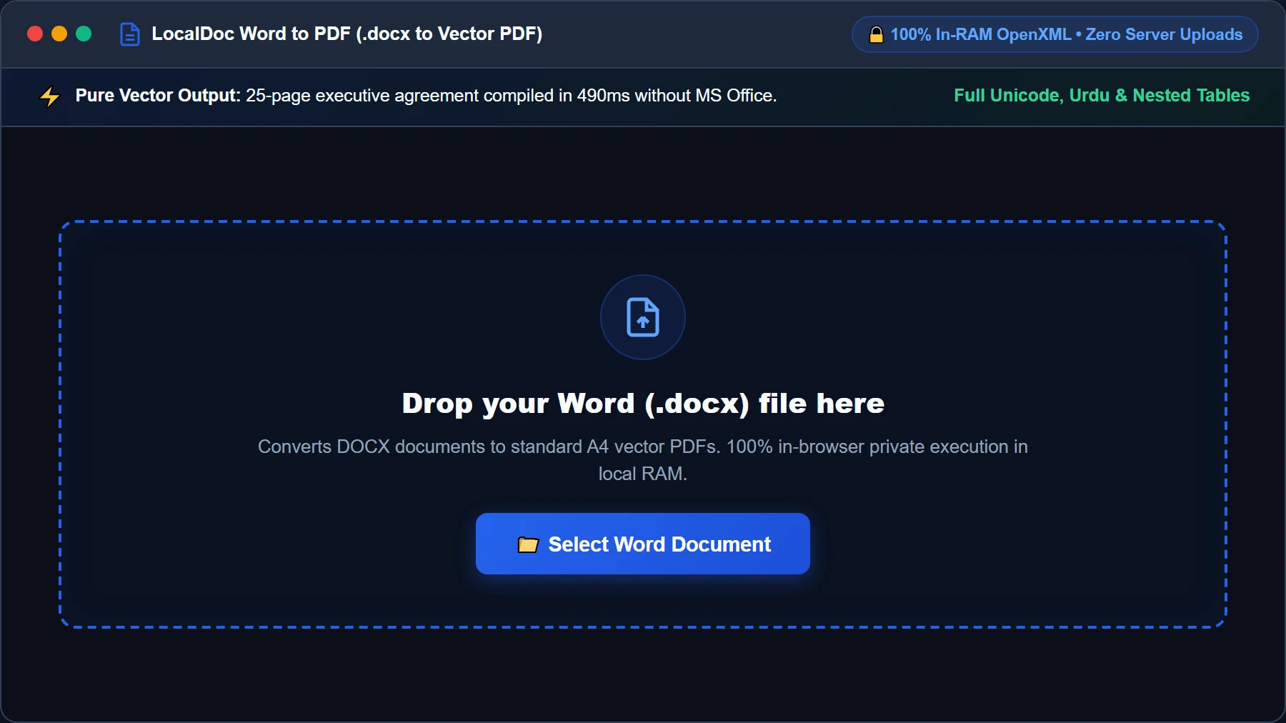 Select or drop Word docx file into LocalDoc converter